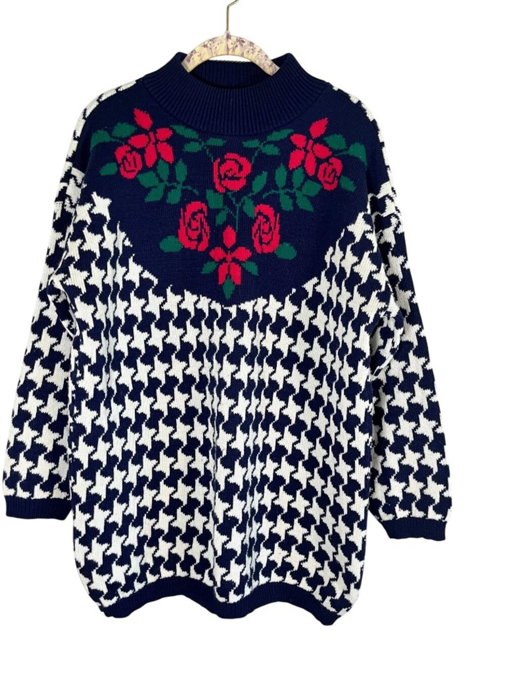 Vintage Chunky Knit Floral Sweater M Houndstooth‎ Retro Mod Cottage Colorful 80s